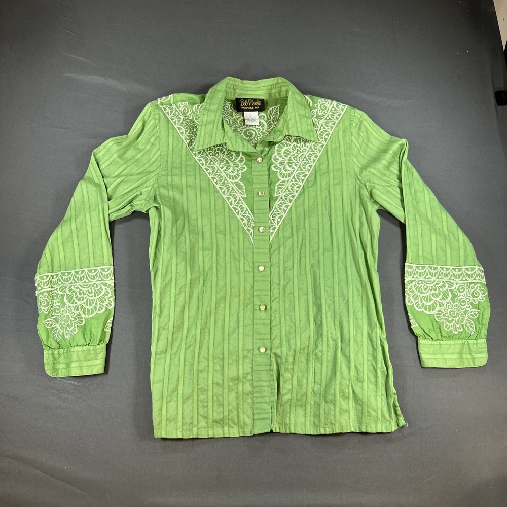 Bob Mackie Wearable Art Green Women's Embroidered Button Top Large Southwestern